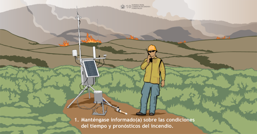 Las condiciones del tiempo atmosférico pueden impactar significativamente el comportamiento del fuego y los pronósticos del tiempo ayudan a los combatientes ah anticipar los cambios. Esta Norma para Combatir Incendio muestra una estación meteorológica automatizada remota (RAWS por su siglas en inglés) que envía información meteorológica en tiempo real a personal del incendio del incidente.