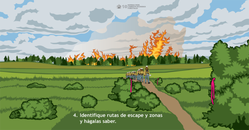 Vigilantes, Comunicaciones, Rutas de Escape y las Zonas de Seguridad (VCRZ) son la base para las acciones seguras de supresión de incendios. Esta Norma para Combatir Incendio muestra a una brigada utilizando una ruta de escape previamente designada para retirarse con seguridad de un incendio activo.