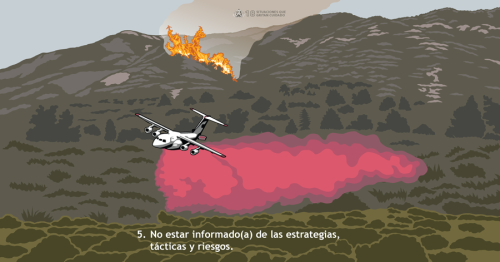 Combatientes forestales dependen en estrategias y tácticas coordinadas para suprimir incendios eficientemente y evitar riesgos. Esta Situación que Grita Cuidado demuestra a un tanque aéreo descargando retardante lejos del área intencionada, potencialmente indicando comunicación incomprensible.