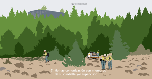 Las frecuencias y canales de radio conocidas permiten la comunicación instantánea dentro y entre los recursos de combate de incendios. Esta Situación que Grita Cuidado muestra a una brigada físicamente separada sin ningún método obvio de comunicación entre miembros de la brigada o su supervisor.