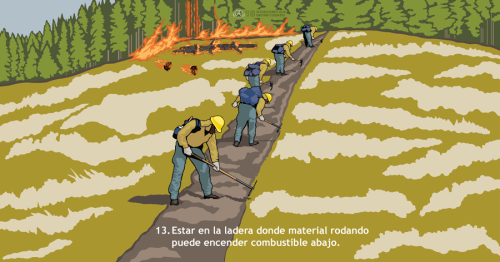 Los incendios pueden moverse más rápido cuesta arriba. Esta Situación que Grita Cuidado muestra troncos y escombros ardiendo rodando que pueden encender combustibles debajo de la brigada que está construyendo línea.