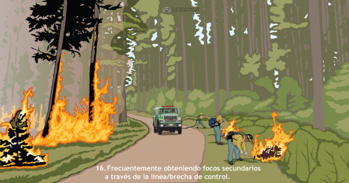 Los focos secundarios ocurren cuando brasas aterrizan en el lado no quemado de una línea/brecha de control. Esta Situación que Grita Cuidado representa una brigada de motobomba intentando contener varios focos secundarios que están aumentando intensidad mientras el fuego principal también está creciendo.