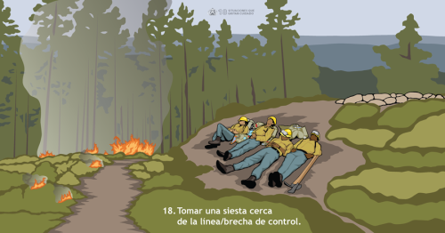 Controlar la fatiga durante la supresión de incendios forestales es importante para la salud y seguridad de combatientes. Esta Situación que Grita Cuidado representa el comportamiento del fuego aumentando intensidad mientras que combatientes toman una siesta sin vigilante.