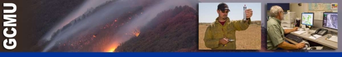 Smoke rolling over mountains. Two inset photos, one of firefighter taking a weather reading using hand held instruments, the other of a man sitting in front of computer screens reading weather data. Decorative.