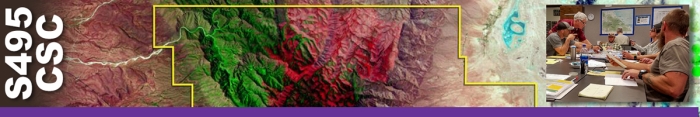 Image of a geospatial map of a burn area. At far right inset photo of a group of students and instructor discussing project at table. Decorative.
