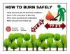 How To Burn Safely: graphic showing width of cleared area around burn pile and distance from woodlands; figure with rake at burn pile; How to burn safely; arrows showing in feet the distance from trees and width of cleared area for burn pile, nearby woodlands 150 feet away from pile,