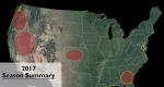 Photo of the United States with red circled overlaying portions of the country signifying season summary.