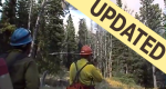 Firefighters looking through trees at smoke from the fire while engaging in radio communication.