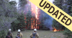 Group of firefighters standing in a small meadow observing the fire in the background with updated banner..