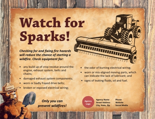 Watch For Sparks (horizontal, with farm equipment art) on rustic background with Smokey Bear