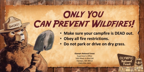 Smokey Bear, only you can prevent wildfires, make sure your campfire is dead out, obey fire restrictions, do not park or drive on dry grass